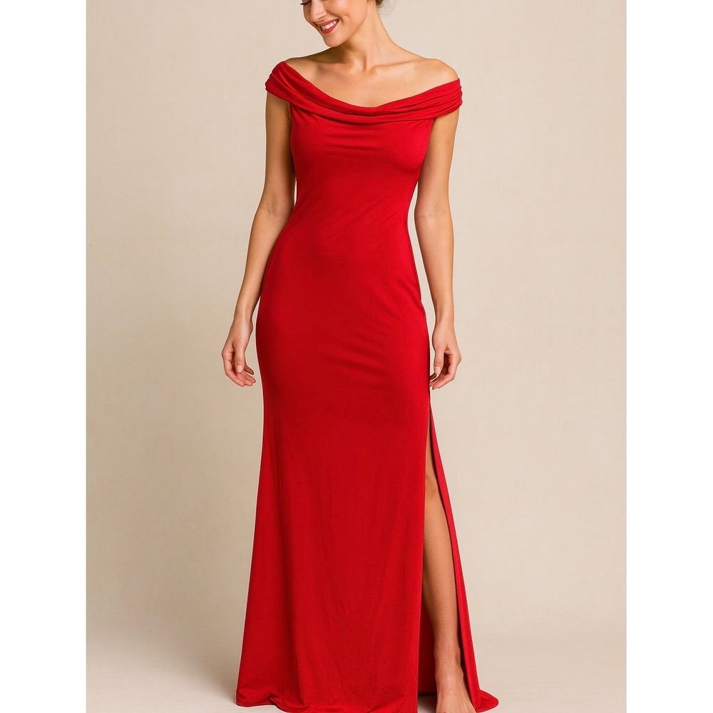 Mystic Red Off-Shoulder Evening Gown - S |‎ Maxi Dress Elegant Holiday Party